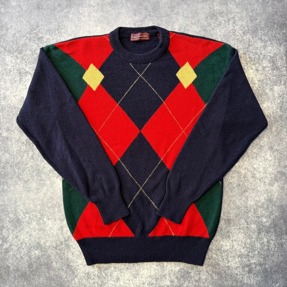 Vintage John Ashford Mens Large Argyle Sweater 100% Lambswool Crew Neck Navy Red
